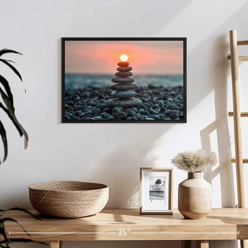 Zen pile au coucher du soleil, 19 po x 13 po, Cadre flottant noir