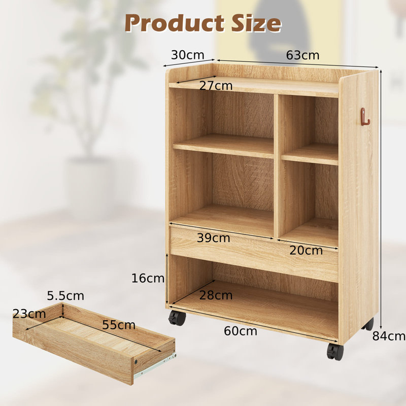 Mobile Cabinet Side Table with Storage, Natural Wood