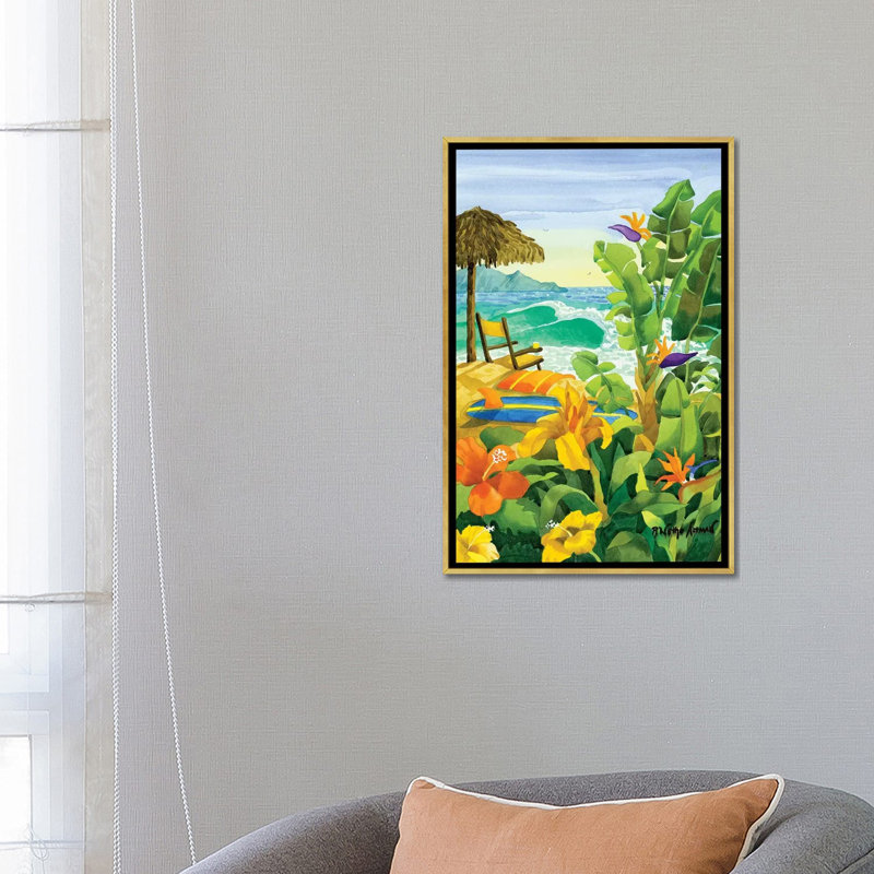 «Tropical Holiday» par Robin Wethe Altman - impression d'art graphique, Toile encadrée d'or, H 26 po x l 18 po x 1,5 po