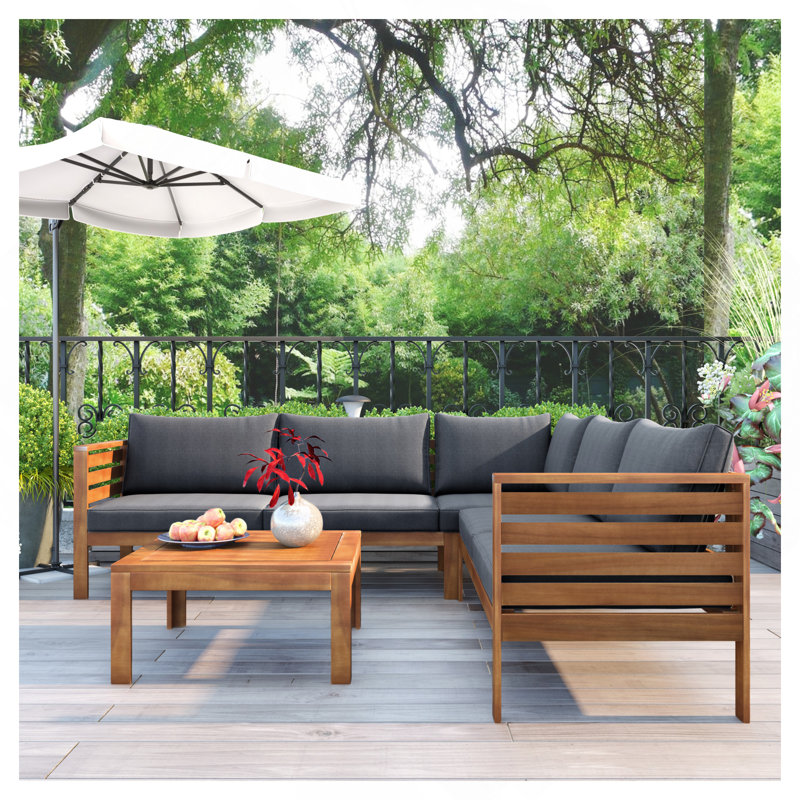 Ensemble de canapé d'extérieur à structure en bois GO avec coussins gris Design exotique résistant à l'eau et aux rayons UV