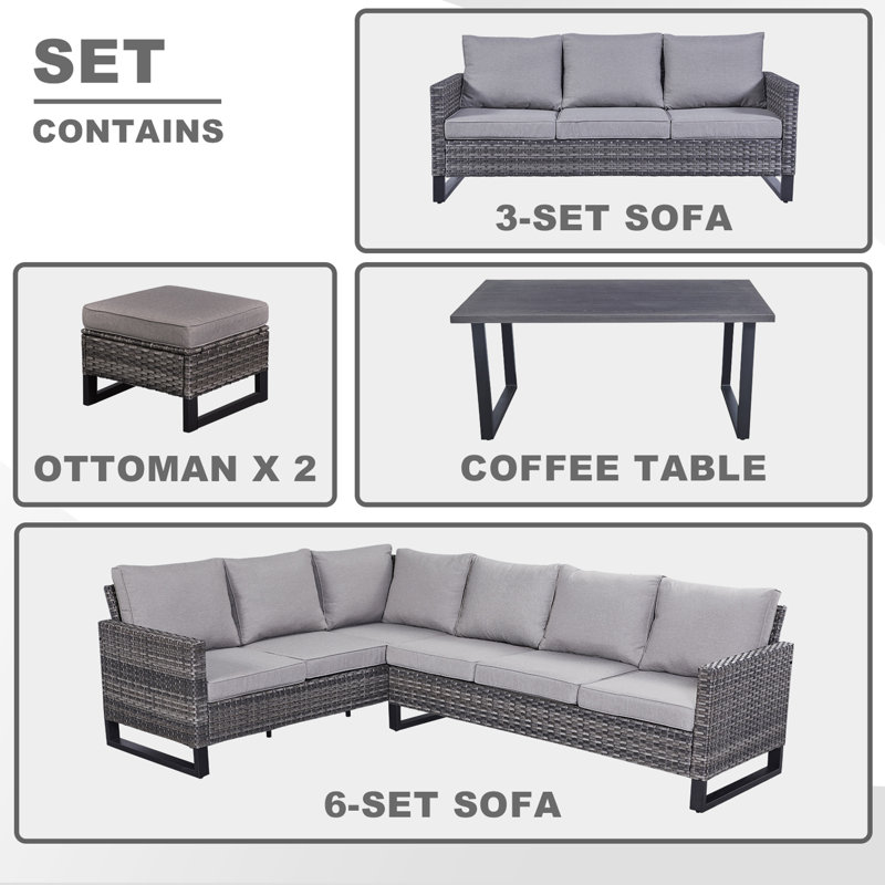 Nazime Wicker 9 - Person Patio Conversation Set with Cushions, Grey