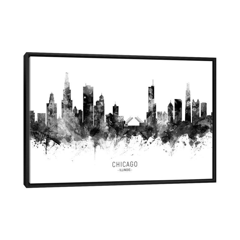 Impression d’art graphique, "Chicago Illinois Skyline" par Michael Tompsett, Toile avec cadre noir, Pas de tapis