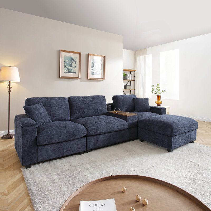 Polyvalent en forme de L avec plusieurs fonctionnalités pour le salon, Lin bleu foncé