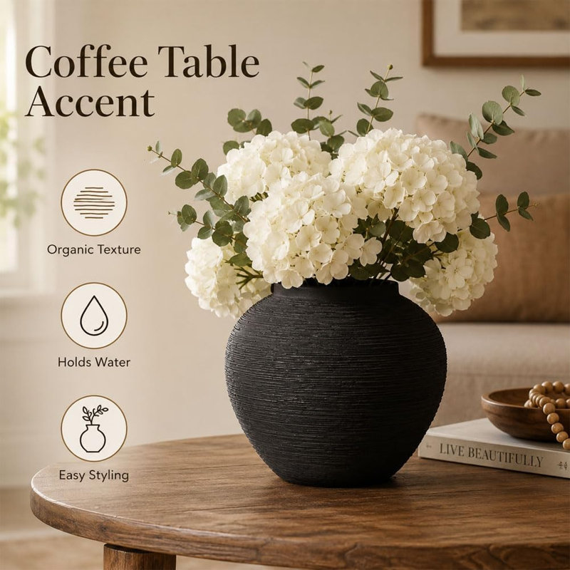 Small Black Ceramic Horizontally Embossed Vase