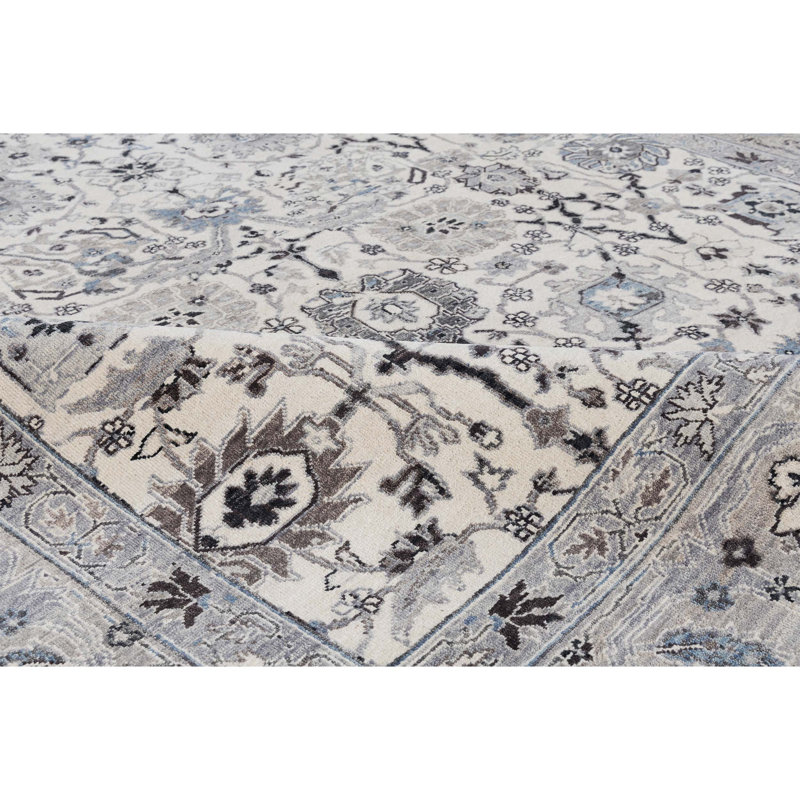 Tapis oriental en laine noué à la main en gris / bleu / beige, Rectangle 6 pi x 9 pi