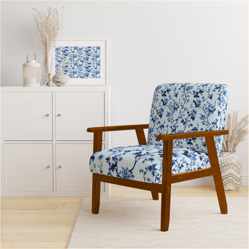 Chaise rembourrée Coastal - Fauteuil Blue Toile, Accoudoirs carrés bruns