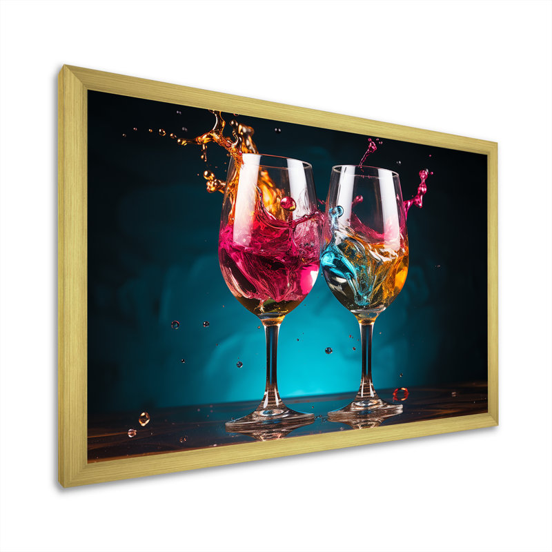 «Whimsical Cheers - Wine», art mural champagne, H 12 po x l 20 po x P 1 po, Cadre doré simple