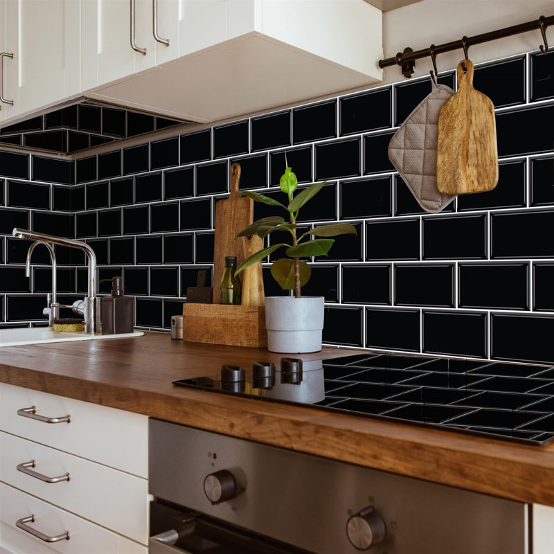 Narmeen Pure Glossy Subway Metro Classic Brick 3D Tile Sticker 30.5 x 15.4cm (12 x 6 in), Black