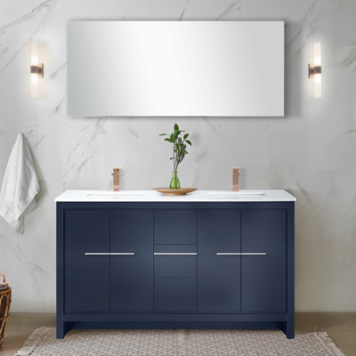 Meuble-lavabo double l 60 po x P 20 po, comptoir en quartz, robinet et miroir de 55 po