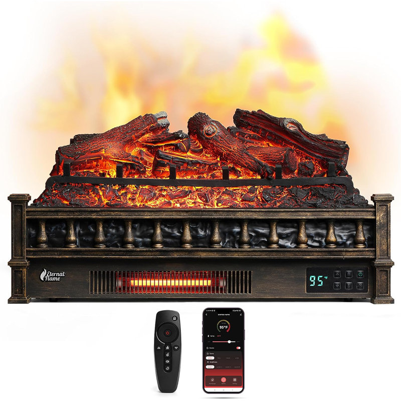 26" WiFi Infrared Quartz Electric Fireplace with Sound Crackling, Realistic Lemonwood Logs, Thermostat, Timer, 1500W, Bronze