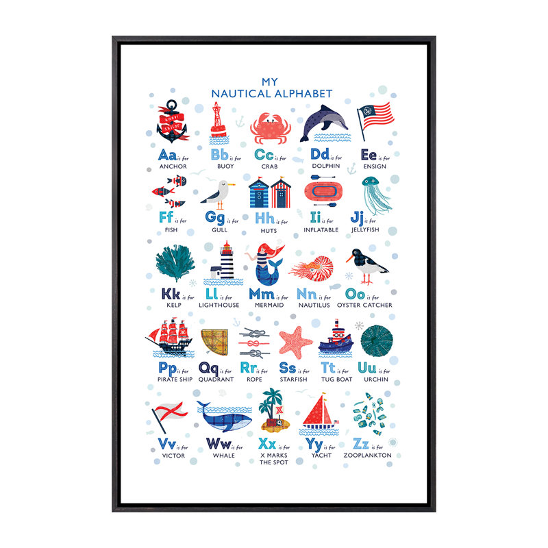 Nautical Alphabet - impression d'art graphique, Toile avec cadre noir patiné, H 26 po x l 18 po x 1,5 po, Pas de tapis