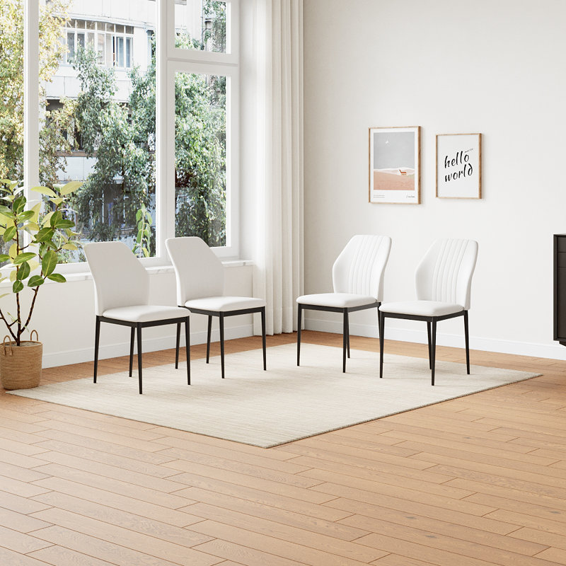 Faux Leather Solid Back Dining Side Chair With Stable Steel Legs, Set Of 4, White