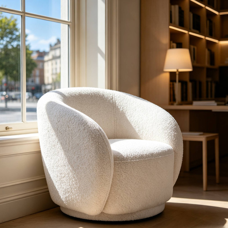 Fauteuil demi-tonneau pivotant avec siège large rembourré 360 ° Boucle, Blanc, 1