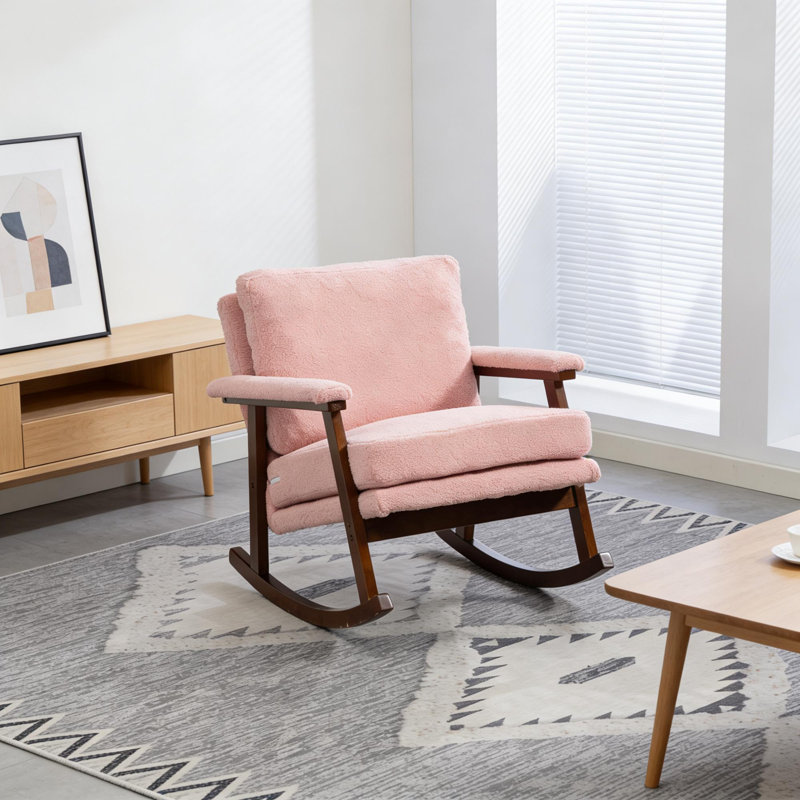 Chaise berçante rembourrée de style Mid-Century avec structure en bois massif et fauteuil de lecture confortable, Rose clair