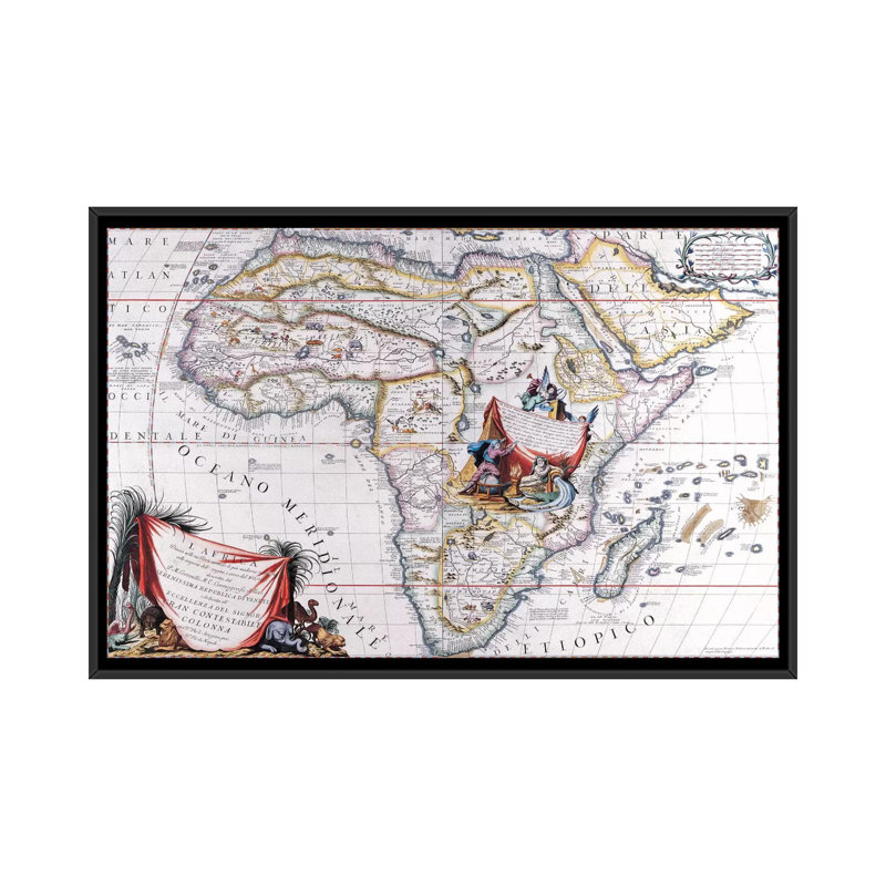 Carte antique d'Afrique, impression sur toile, H 18 po x l 26 po x P 1,5 po, Toile encadrée noire, Pas de tapis
