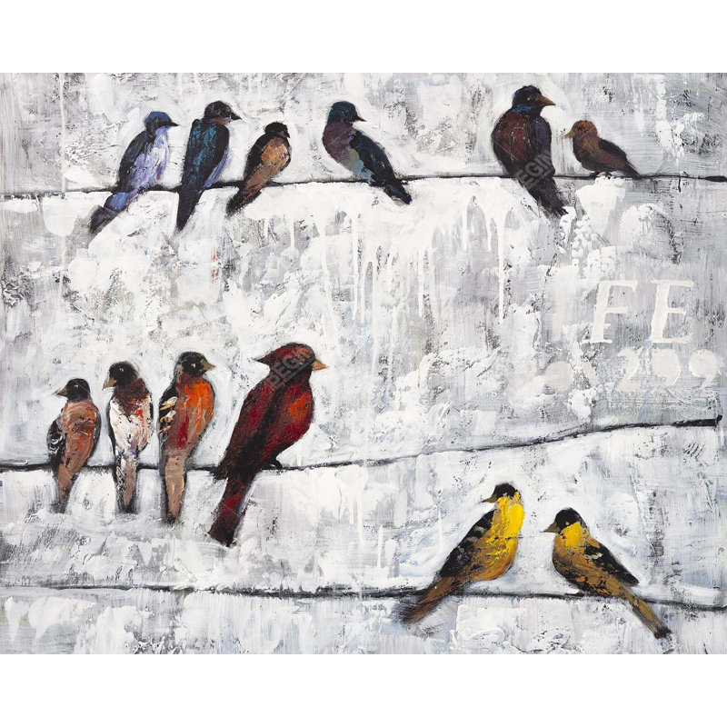 «Colorful Birds on Branches - Red Living Room», reproduction encadrée