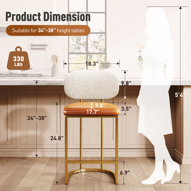 24" Upholstered Counter Height Stool with Orange Faux Leather Seat and Gold Metal Frame (Set of 2), Beige/Gold, 2