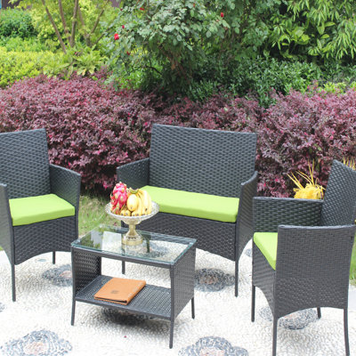 Mobilier de patio 4 pièces : Bureau extérieur avec coussins et verre trempé pour ordinateur portable : Table