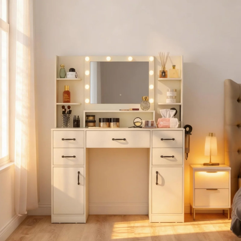 Meuble-lavabo avec miroir lumineux et prise de courant intégrée, meuble-lavabo à 5 tiroirs pour chambre à coucher et vestiaire