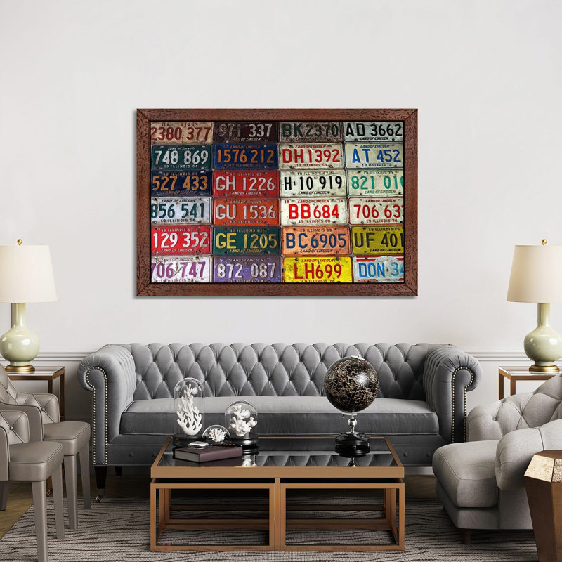 State License Plates 1 Piece Floater Frame Wall Art on Canvas, 66.04 cm H x 45.72 cm W, Brown