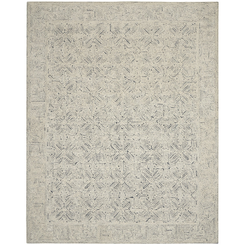Cream and Navy Tufted Geometric Wool Area Rug