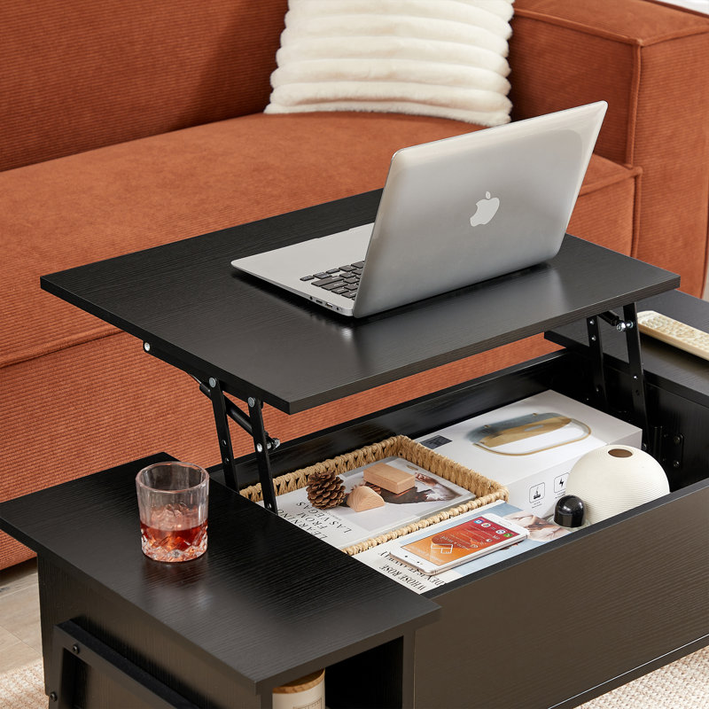 Table basse à plateau relevable Berck avec tablette de rangement et compartiment caché, Noir, noir, noir, noir