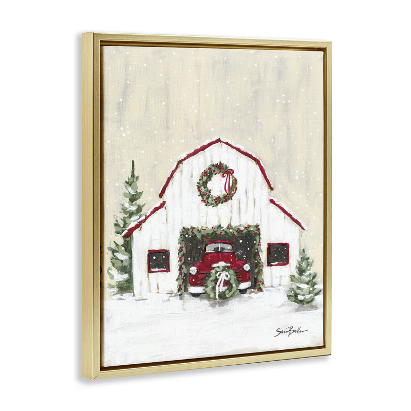 «Seasonal Garlands Barn», art mural sur toile par Cindy Jacobs, H 31 po x l 25 po, Cadre flottant métallique doré