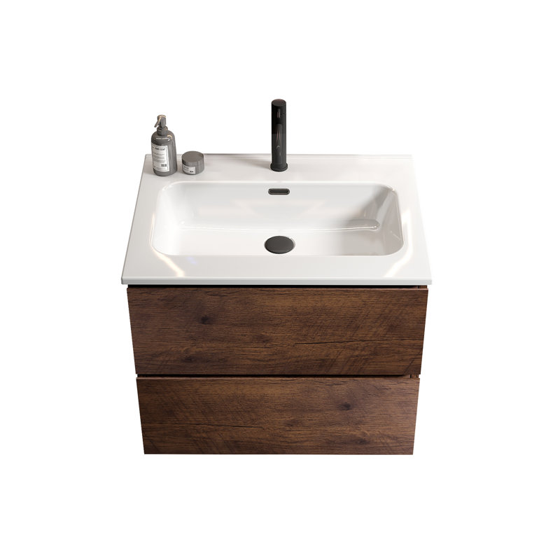 Meuble-lavabo mural en noyer de 24 po avec lavabo en céramique avec un trou de robinet, grand meuble-lavabo flottant de rangement pour salle de bain moderne, lavabo une pièce sans drain et robinet, pré-assemblé