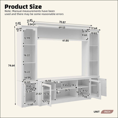All-in-One Modern TV Stand with Bookcase for TVs Up to 65-inch, Entertainment Center with 4 Adjustable Shelves,Tempered Glass Doors, Display Storage C
