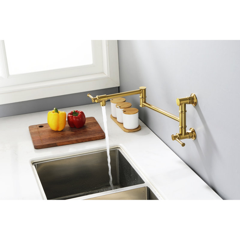 Pot Filler Faucet Wall Mount - Brass, Gold, Finish, Smooth Flow Mounted Folding Arm For Space Saving