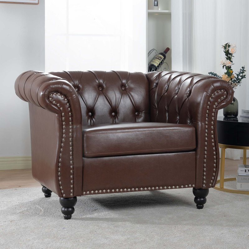 Fauteuil d'appoint capitonné et rembourré pour le salon, Simili cuir brun foncé, Noir