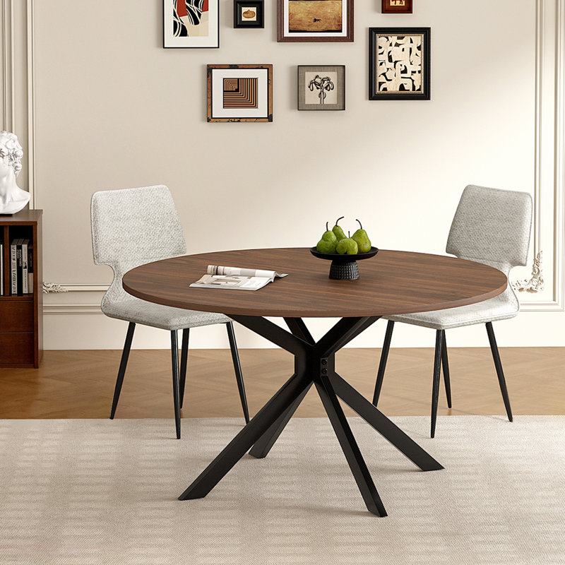 47.2" Round Wood Table With Wood Veneer &Sturdy Metal Base Kitchen Dining Table For Dining Room, Living Room, Indoor Patio