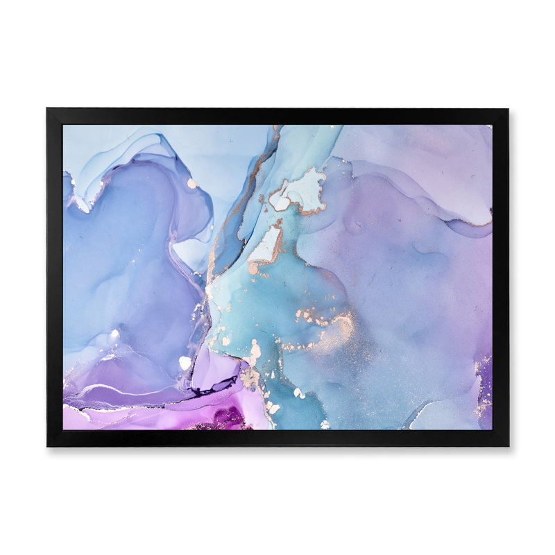 Art liquide bleu avec veines dorées II - reproduction sur toile, H 30 po x l 40 po, Toile avec cadre de coin noir fermé
