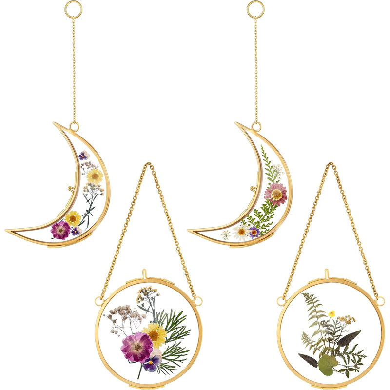4 Pcs Pressed Flower Frame Double Glass Frame For Pressed Flowers Sun And Moon Shaped Hanging Photo Dried Flower Glass Frames With Chain For DIY Crafts Dried Plant Wall Decor