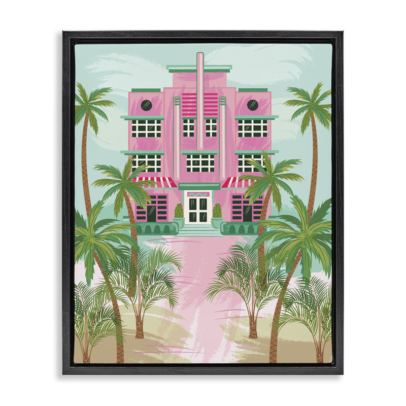  "Tropical Palm Hotel", art mural par Lisa Perry White, Cadre flottant noir de jais, H 21 po x l 17 po