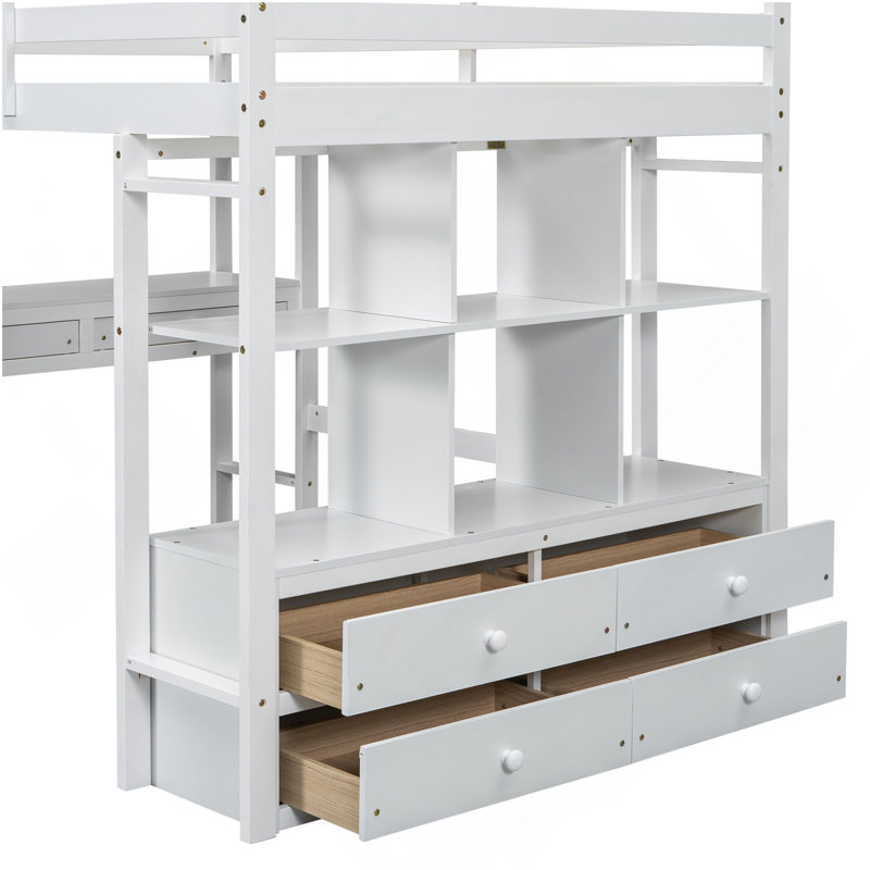 Lit mezzanine double avec bureau intégré avec deux tiroirs et tablettes et tiroirs de rangement, blanc