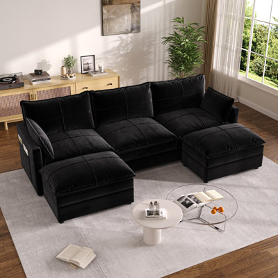U-Shaped Sectional Sofa, Modular 3-Seater Cloud Couch with Movable Ottoman, Deep Seat Chenille Sofa for Living Room