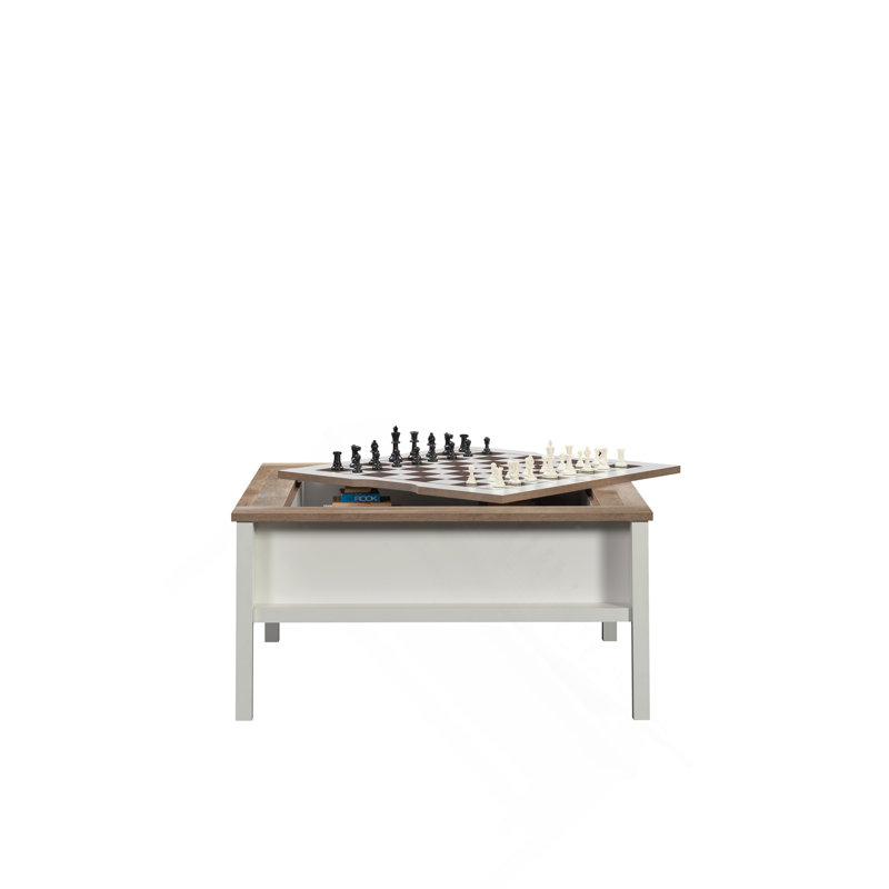 Table basse en bois avec surface de jeu d'échecs, blanc