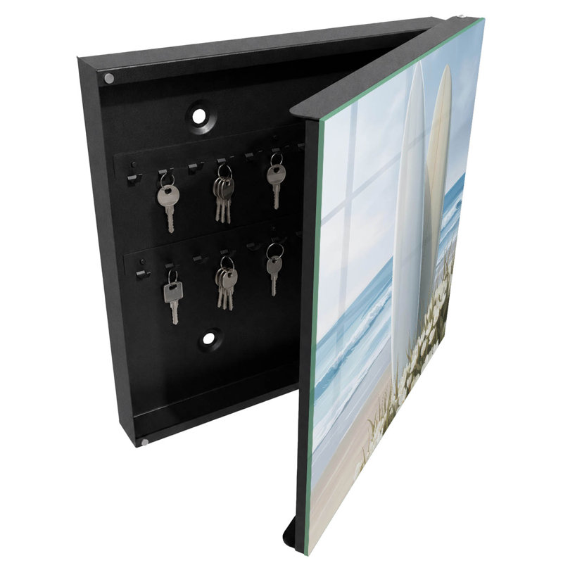 Key box for home, Opens to the right, 30x30x5, Black, Surfboards on a flowering beach, 