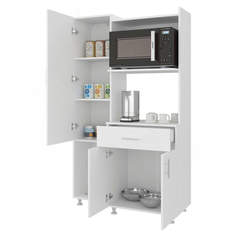 Armoire de cuisine avec tablette à micro-ondes, tiroir et compartiments ouverts