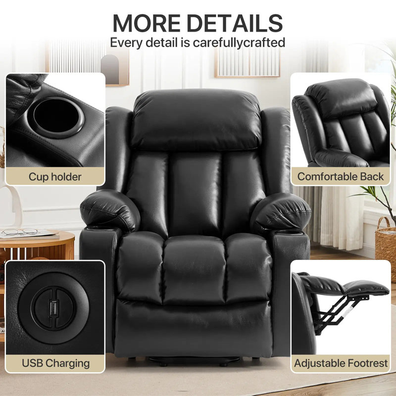 Power Lift Recliner Chair for Elderly With Vibration Massage Heat And Cup Holders, 2 Side Pockets, Black Faux Leather