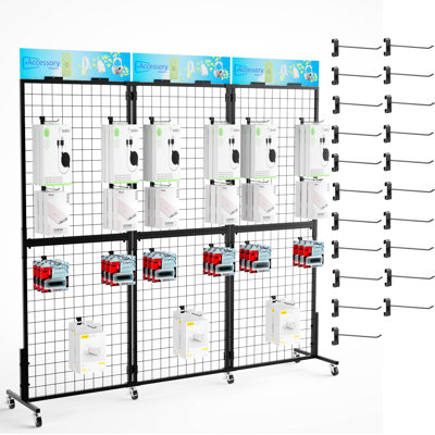  Grid Wall Panels Display Stand - 3pcs with 21 Hooks, 2*5.6ft Display Racks For Vendor Events Art Display Panels Linkable Heavy Duty Floor Standing Movable Retail Display Stand