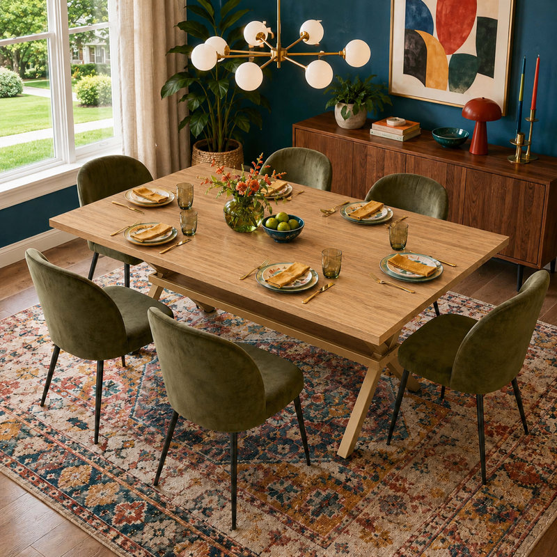 Table de salle à manger industrielle moderne pour 6 à 8 personnes avec plateau en bois aggloméré et base en métal en forme de X pour la salle à manger, la cuisine et le bureau