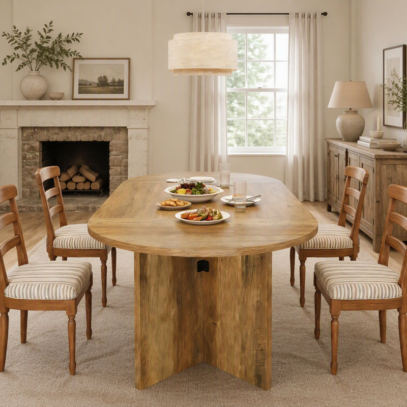 Table de salle à manger ovale spacieuse avec plateau en MDF résistant, idéale pour les cuisines de style campagnard et modernes, design multifonctionnel