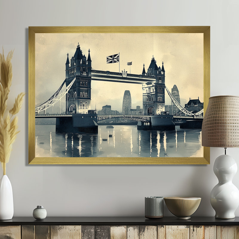 Art mural rétro, lumières de pont de la tour à Londres, Royaume-Uni II, H 34 po x l 44 po, Cadre flottant, Or