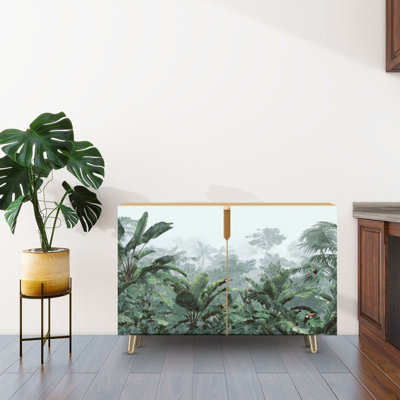 Sideboard Buffet Cabinet with Storage Realistic Tropical Rainforest Misty Volumetric Light with 2 Doors for Living Room and Kitchen