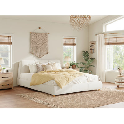 White Modern Upholstered Queen Size Bed Frame, Linen Blend Material, Solid Wood Legs, Metal Center Frame For Enhanced Stability, 12 Hardwood Slats, No Spring Box Needed, Simple Assembly With