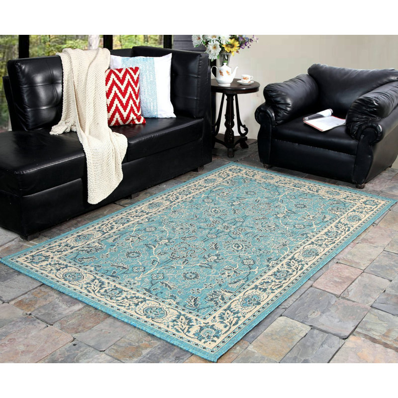 Tapis intérieur/extérieur bleu/beige oriental à tissage plat Maison, Rectangle 6 pi 7 po x 9 pi 7 po