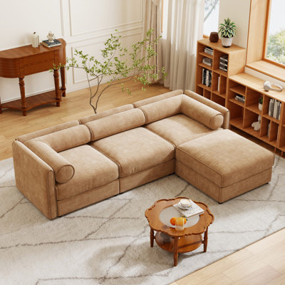 Élégant canapé en chenille de couleur chameau avec siège de rangement et repose-pieds, dossier cylindrique en forme de L et accoudoirs, canapé contemporain en tissu avec compartiment de rangement caché
