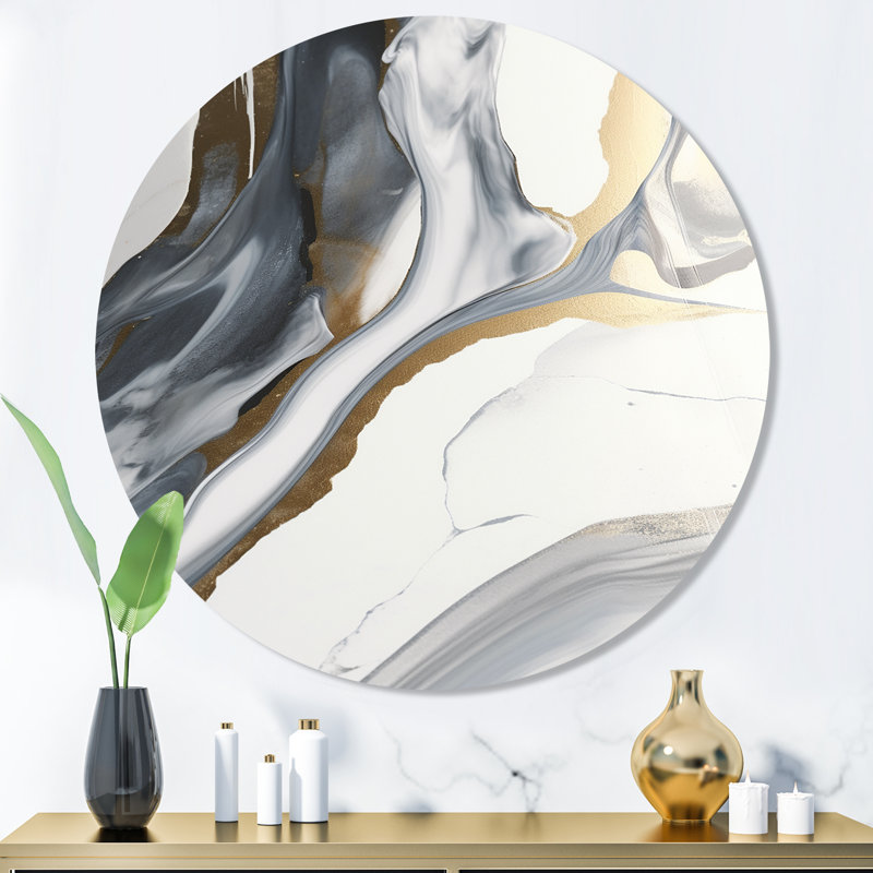 Harmonie de marbre noir et or noir III - art abstrait rond en marbre sur métal, H 36 po x l 36 po x P 1 po